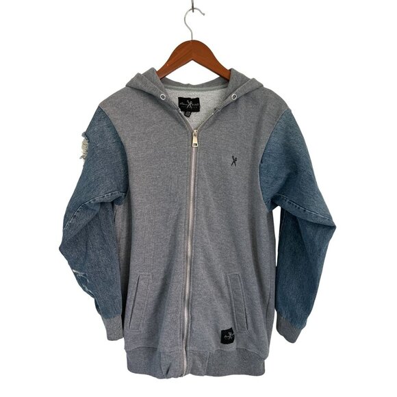 MARC ESCO Full Zip Hoodie Cotton Denim Ripped Sleeves Size Med - Picture 1 of 11